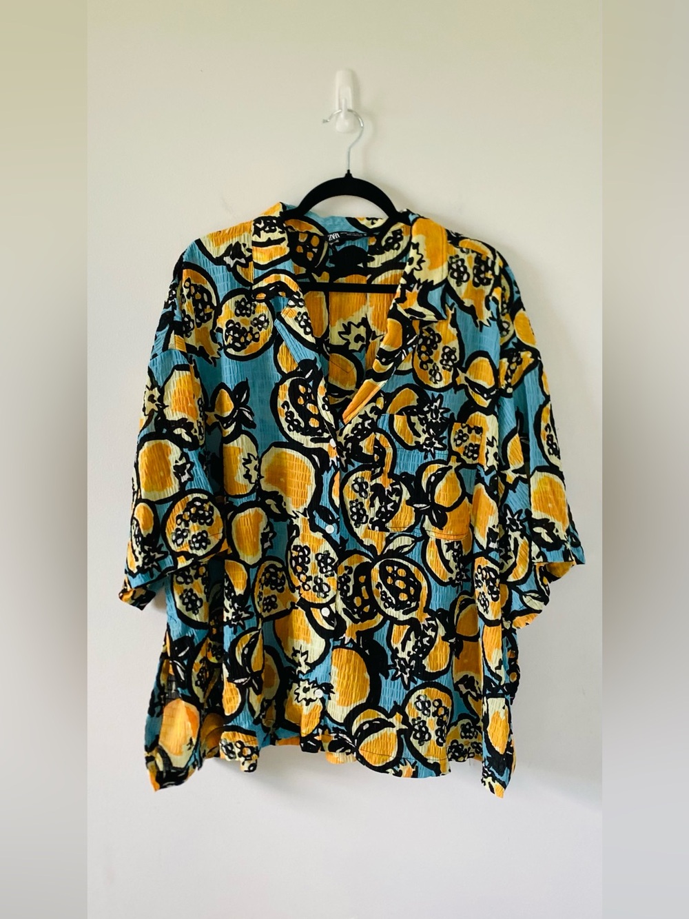Zara Flowy Oversized Bright Fruit Print Gauze Button Down Shirt Size 2X Eclectic
